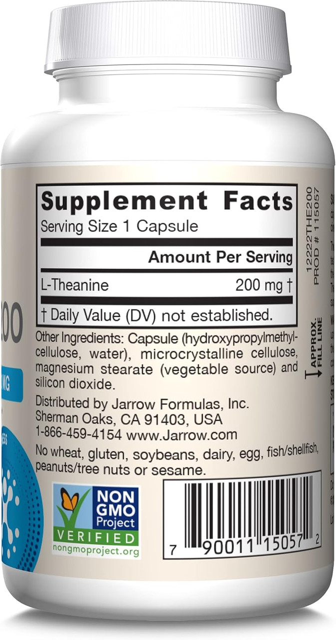 Jarrow Formulas Extra Strength Theanine 200 mg, Dietary Supplement That Promotes Relaxation, Amino Acid Supplement for Relaxation Support, 60 Veggie Capsules, 60 Day Supply