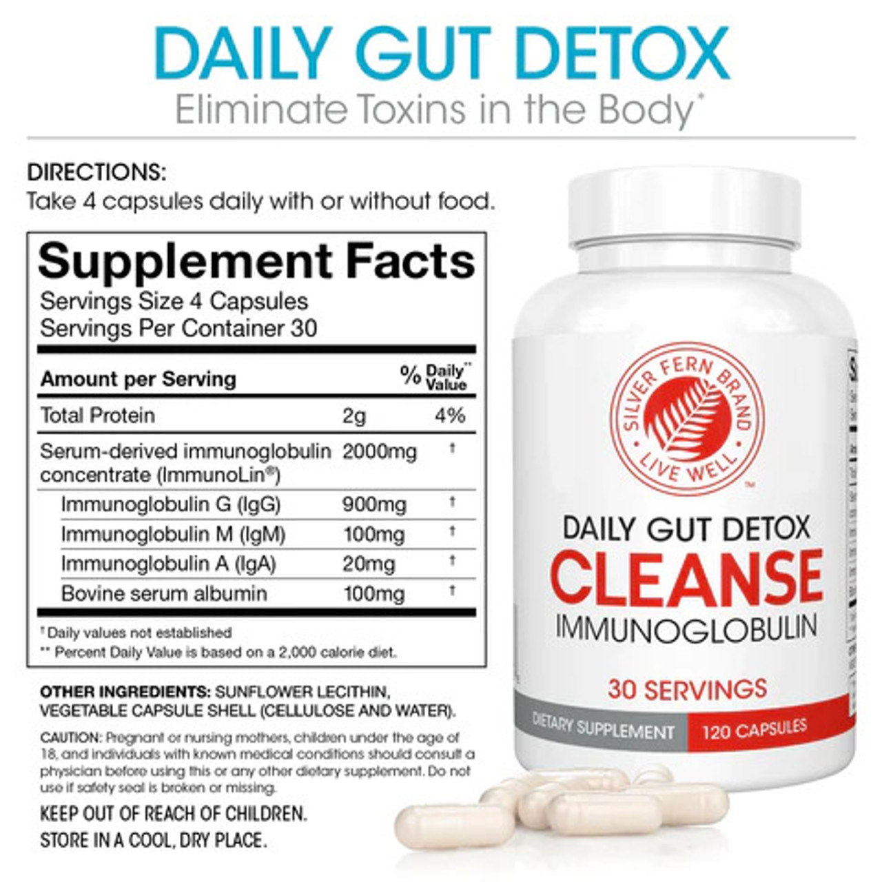 Silver Fern Brand Cleanse - Daily Gut Detox - 1 Bottle - 120 Capsules - 30 Day Supply - Immunoglobulin G, A & M -(IgG, IGA, IgM) - Postbiotic