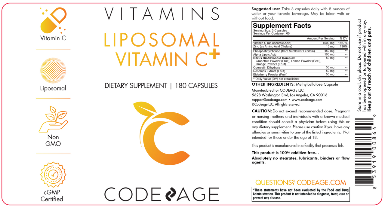Codeage Liposomal Vitamin C 1500mg with Zinc, Elderberry, Citrus Bioflavonoids Grapefruit, Lemon, Orange Powder, Quercetin & Rose Hips Fruit – Vegan Supplement - Non-GMO, Vegan Pills, 180 Capsules