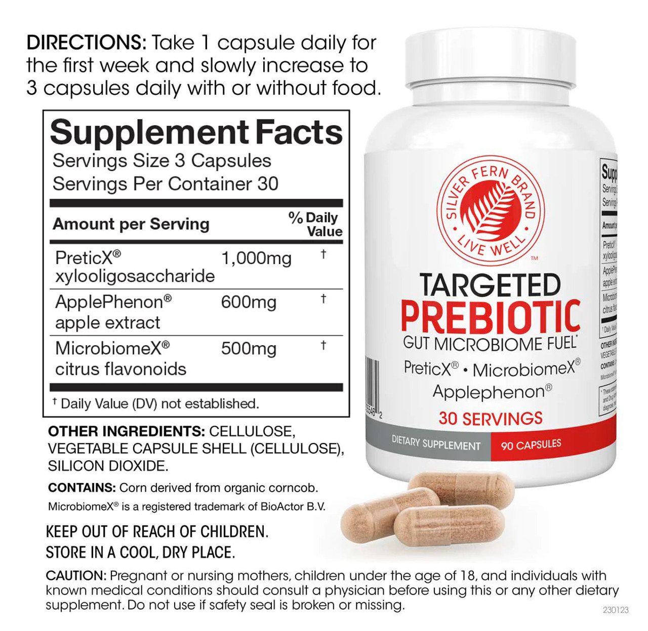 Silver Fern Brand Targeted Prebiotic - 1 Bottle - 90 Capsules - 30 Servings - Gut Health Supplment With Preticx, ApplePhenon & Microbiome X - Feeds Critical Bacteria Strains: Akkermansia Muciniphila & Others
