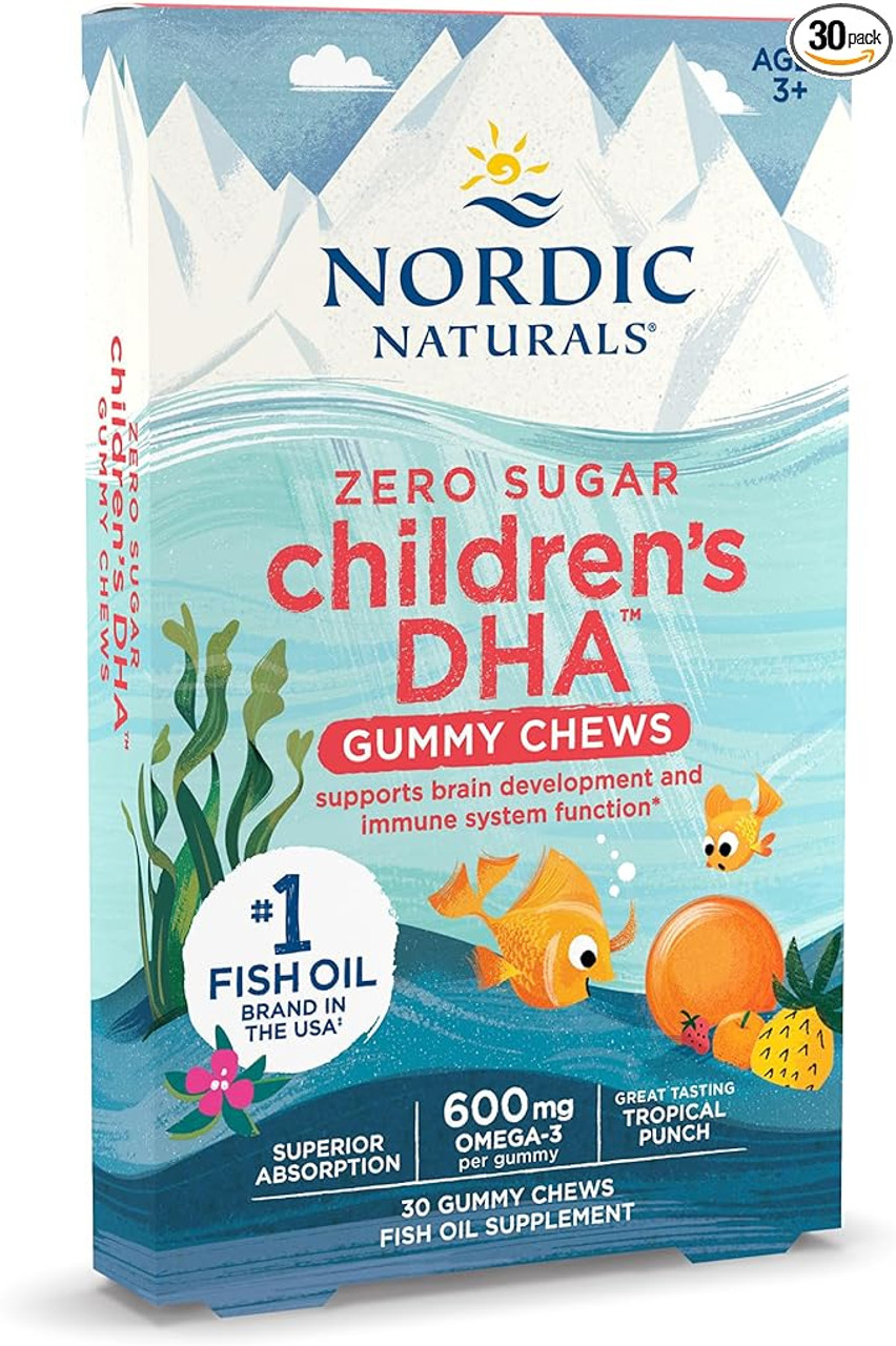 Nordic Naturals Zero Sugar Children’s DHA Gummy Chews, Tropical Punch - 30 Gummy Chews for Kids - 600 mg Total Omega-3s - Brain Development, Learning, Healthy Immunity - Non-GMO - 30 Servings