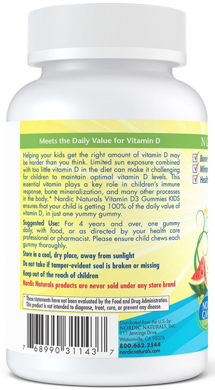 Nordic Naturals, Vitamin D3 Gummies Kids, Wild Watermelon Splash, 400 IU, 60 Gummies