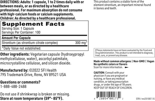 Klaire Labs SFI Health Strontium - Hypoallergenic 300 Milligrams Bioavailable Strontium Citrate for Bone & Tissue Support (100 Capsules)
