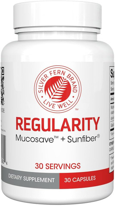 Silver Fern Brand Regularity Digestive Supplement Capsules Brand - 1 Bottle = 30 Capsules = 30 Day Supply - with Mucosave FG (Prickly Pear Polysaccharides & Olive Leaf Polyphenols) & SunFiber (1 Bottle)