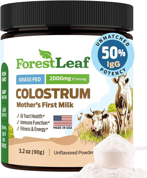 ForestLeaf 50% IgG Highest Concentration Bovine Colostrum Powder - Grass Fed Colostrum Supplement - Gut and Immune Health - Fitness and Energy - Bovine Colostrum for Humans (Unflavored, 45 Servings)