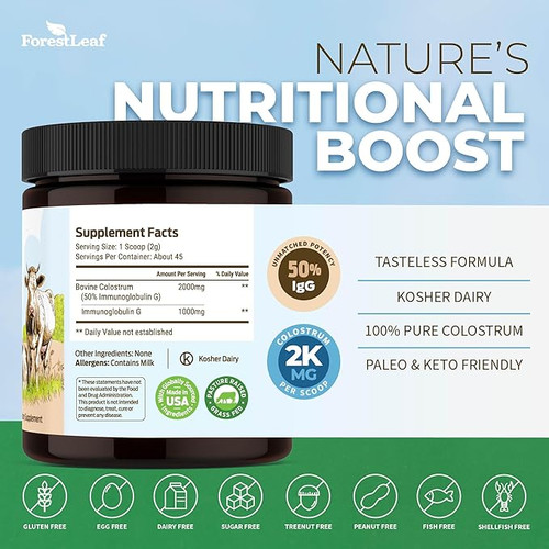 ForestLeaf 50% IgG Highest Concentration Bovine Colostrum Powder - Grass Fed Colostrum Supplement - Gut and Immune Health - Fitness and Energy - Bovine Colostrum for Humans (Unflavored, 45 Servings)