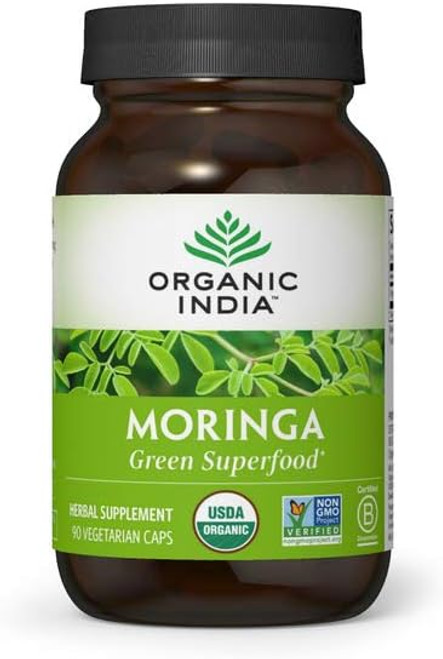 ORGANIC INDIA Moringa Herbal Supplement - Green Superfood, Nutrient Dense, Pure Plant Protein, Vitamin A, E, K, Iron, Calcium, Fiber, Vegan, Gluten-Free, USDA Certified Organic - 90 Capsules