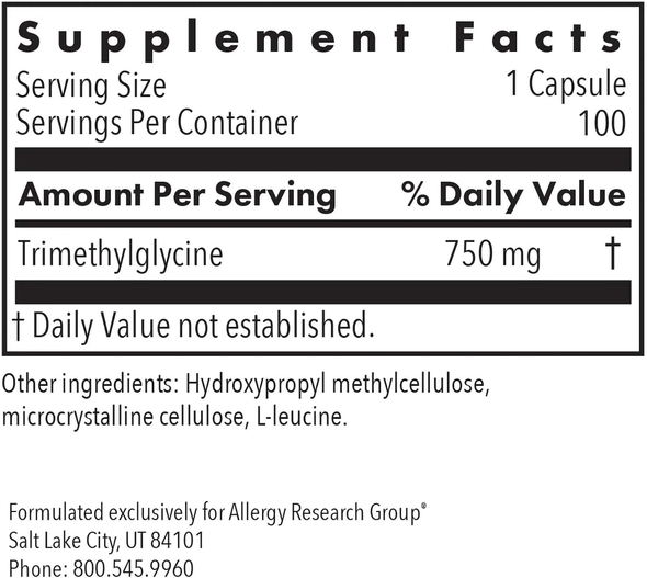 Allergy Research Group, TMG, 100 Vegetarian Capsules (750 mg Per capsule)
