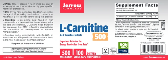 Jarrow Formulas, L-Carnitine, 500 mg, 100 Veggie Caps