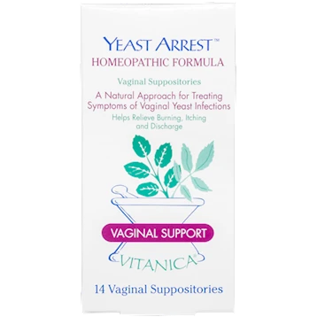 Vitanica Yeast Arrest, Homeopathic Vaginal Suppositories, for Yeast Infection Symptoms, Relieves Burning, Itching & Discharge, with Boric Acid, Tea Tree Oil & Probiotics, Vegan - 14 suppositories