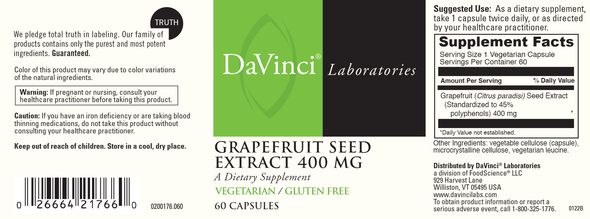 DAVINCI Labs Grapefruit Seed Extract 400 mg - Supports GI & Digestive Gut Health - Gluten Free, Vegetarian - 60 Capsules (30-Day Supply)