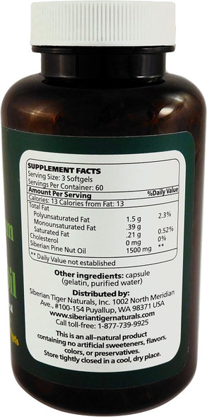 100% Pure Siberian Pine Nut Oil Capsules #180, Premium Quality, Cold Pressed Using Wooden Presses, No Preservatives or Additives, Benefits Digestive Health & Aids Gastritis, Ulcers, IBS - 180 Count