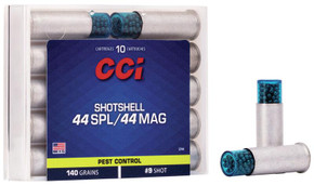 CCI Pest Control Handgun Shotshells .44 SPL/.44 Mag 140 gr #9 shot 1000 fps 10/ct CC3744 CCI Pest Control Handgun Shotshells .44 SPL/.44 Mag 140 gr #9 shot 1000 fps 10/ct CC3744