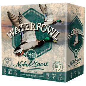 Nobel Sport Steel Waterfowl Shotshells 12 ga 3" 1-1/4 oz 1450 fps #4 250/ct Case EPANS123ST4C Nobel Sport Steel Waterfowl Shotshells 12 ga 3" 1-1/4 oz 1450 fps #4 250/ct Case EPANS123ST4C