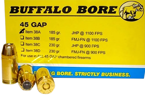 Buffalo Bore Ammunition 38A20 Personal Defense Strictly Business 45GAP 185gr Jacket Hollow Point 20 Per Box/12 Case 86248