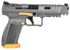 Canik HG6610TN SFx Rival Full Size 9mm Luger 18+1, 5" Black Steel Barrel, Rival Gray Ported/Serrated Slide, Rival Gray w/Gold Accents Polymer Frame w/Beavertail & Picatinny Rail, Ambidextrous 142765