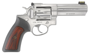 Ruger 1771 GP100  357 Mag 7 Shot, 4.20" Satin Stainless Steel Barrel, Satin Stainless Cylinder, Satin Stainless Steel Frame, Black Rubber w/Wood Insert Grip, Exposed Hammer 48995