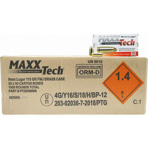 MaxxTech Handgun Ammunition 9mm Luger 115 gr FMJ 1150 fps 1000/ct (20 Boxes 50/ct) TLPTGB9MMBC1000