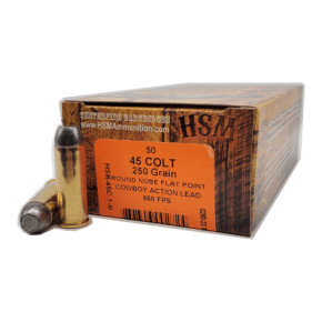 HSM AMMUNITION 45 LONG COLT 250GR HL RNFP 50RD BOX 10 BOXES PER CASE HSM-45C-1-N HSM AMMUNITION 45 LONG COLT 250GR HL RNFP 50RD BOX 10 BOXES PER CASE HSM-45C-1-N