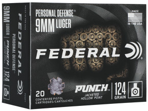 FEDERAL 9MM LUGER 124GR PUNCH JHP 20 RD/BX 10 BX/CS FEDEPD9P1 FEDERAL 9MM LUGER 124GR PUNCH JHP 20 RD/BX 10 BX/CS FEDEPD9P1