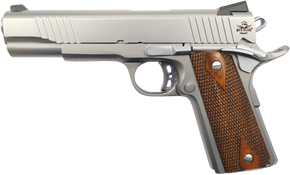 Rock Island 51414 Rock Standard FS *CA Compliant 45 ACP Caliber with 5" Barrel, 8+1 Capacity, Overall Matte Stainless Steel Finish, Beavertail Frame, Serrated Slide & Double Checkered Wood Grip 119659 Rock Island 51414 Rock Standard FS *CA Compliant 45 ACP Caliber with 5" Barrel, 8+1 Capacity, Overall Matte Stainless Steel Finish, Beavertail Frame, Serrated Slide & Double Checkered Wood Grip 119659