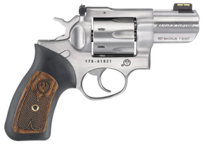 Ruger 1774 GP100  Small Frame 357 Mag 7 Shot, 2.50" Satin Stainless Steel Barrel, Satin Stainless Cylinder, Satin Stainless Steel Frame, Black Rubber w/Wood Insert Grip, Exposed Hammer 48994