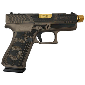 Glock 43x Custom "Revolution Engraved Brown Cerakote" Subcompact Handgun 9mm Luger 10rd Magazines (2) 3.41" Threaded Gold Barrel Austria GLPX4350201REVGB Glock 43x Custom "Revolution Engraved Brown Cerakote" Subcompact Handgun 9mm Luger 10rd Magazines (2) 3.41" Threaded Gold Barrel Austria GLPX4350201REVGB
