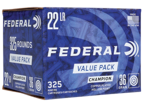 Federal 725 Champion Training Value Pack 22LR 36gr Copper Plated Hollow Point 325 Per Box/10 Case 125583 Federal 725 Champion Training Value Pack 22LR 36gr Copper Plated Hollow Point 325 Per Box/10 Case 125583
