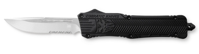 CobraTec Knives LBCTK1LDS CTK-1  Large 3.75" OTF Drop Point Part Serrated D2 Steel Blade/ Black Aluminum Handle Features Glass Breaker Includes Pocket Clip 123138