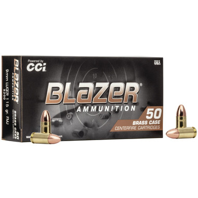 CCI Blazer Brass Handgun Ammunition 9mm Luger 115 gr. FMJ 1145 fps 50/ct CC5200