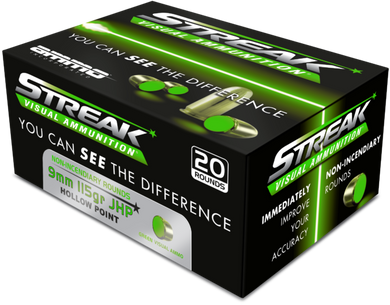 Ammo Inc 9115JHPSTRKGRN Streak Visual (GREEN)  9mm 115gr Jacketed Hollow Point 20 Per Box/10 Case 173071