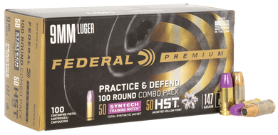 Federal P9HST2TM100 Premium Practice & Defend 9mmLuger 147gr HST JHP/Syntech TSJ 100 Per Box/5 Case 121125