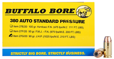 Buffalo Bore Ammunition 27G20 Standard Pressure Strictly Business 380ACP 90gr Jacket Hollow Point 20 Per Box/12 Case 80748
