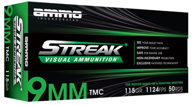 Ammo Inc 9115TMCSTRKGRN50 Streak Visual (GREEN)  9mm Luger 115gr Total Metal Case 50 Per Box/20 Case 151296