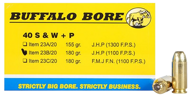 Buffalo Bore Ammunition 23B20 Heavy Strictly Business 40S&W +P 180gr Jacket Hollow Point 20 Per Box/12 Case 82110