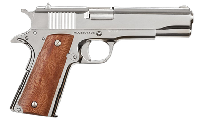 Rock Island 51814 GI Standard FS *CA Compliant 38 Super Caliber with 5" Barrel, 10+1 Capacity, Overall Polished Nickel Finish Steel, Beavertail Frame, Serrated Slide & Wood Grip 35188