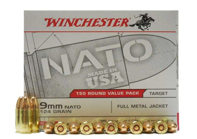 WINCHESTER 9 MM NATO USA TARGET FMJ 124 GR 150 RD/BX 5 BX/CS WINCUSA9NATO