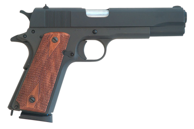 Cimarron 1911 1911  .45 ACP 8+1, 5.03" Black Steel Barrel, Black Parkerized Serrated Slide & Frame, Checkered Walnut Grips 156626