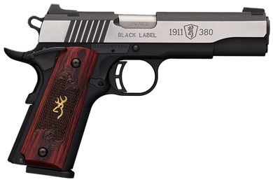 Browning 051912492 1911-380 Black Label Medallion Pro 380 ACP 8+1 4.25" Target Crown Barrel, Blackened w/Silver Polished Flats Serrated SS Slide, Matte Black Polymer Frame  w/Beavertail 23086