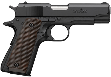 Browning 051064490 1911-22 A1 Compact Frame 22 LR 10+1 3.63" Stainless Steel Barrel, Matte Black Serrated Slide, Matte Black Aluminum Frame, Brown Composite Grip 176685