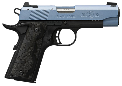 Browning 051898490 1911 Black Label Compact Frame 22 LR 10+1, 3.63" Matte Stainless Steel Barrel, Polar Blue Cerakote Serrated Slide, Matte Black Polymer Frame w/Beavertail, Black Laminate Wood Grip 153081