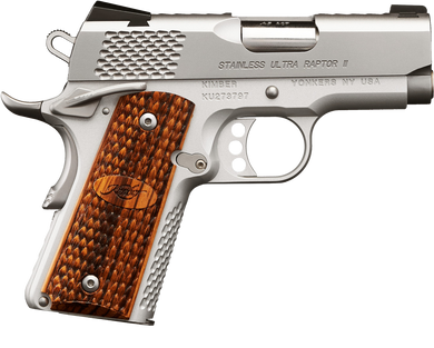 Kimber Mfg, Inc 3200374 Raptor II Ultra 9mm Luger 8+1 3" Stainless Match Grade Barrel, Satin Silver Serrated Stainless Steel Slide, Matte Silver Aluminum Frame w/Beavertail, Zebrawood Grip 170532