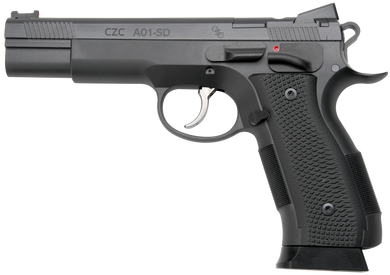 Cz Custom Shop 96333 A01-SD  9mm Luger 19+1 5" Match Grade Bull Barrel, Black Optic Cut/Serrated Steel Slide, Black Polycoat Steel Frame w/Beavertail, Black G10 Grip, Short Dustcover 177303