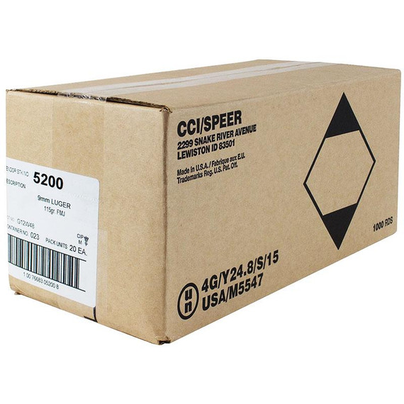 CCI Blazer Brass Handgun Ammunition 9mm Luger 115 gr. FMJ 1145 fps 1000/ct Case (20-50ct Boxes) CC5200C