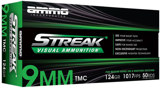 Ammo Inc 9124TMCSTRKGRN50 Streak Visual (GREEN)  9mm Luger 124gr Total Metal Case 50 Per Box/20 Case 151297