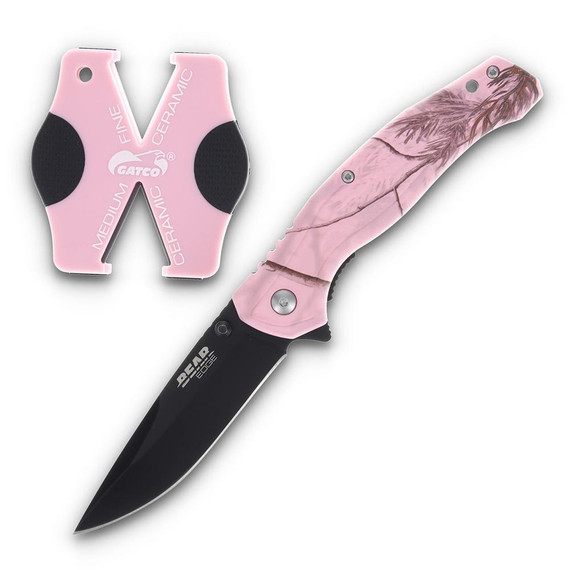 Bear & Son Edge Brisk 2.0 Folding Knife & Sharpener Combo Drop Point Blade Pink Camo CW71826