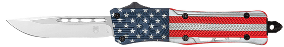 CobraTec Knives MUSACTK1MDNS CTK-1 American Flag Medium 3" OTF Drop Point Plain D2 Steel Blade, 5" Red/White/Blue Flag Cerakote Aluminum Alloy Handle 178709