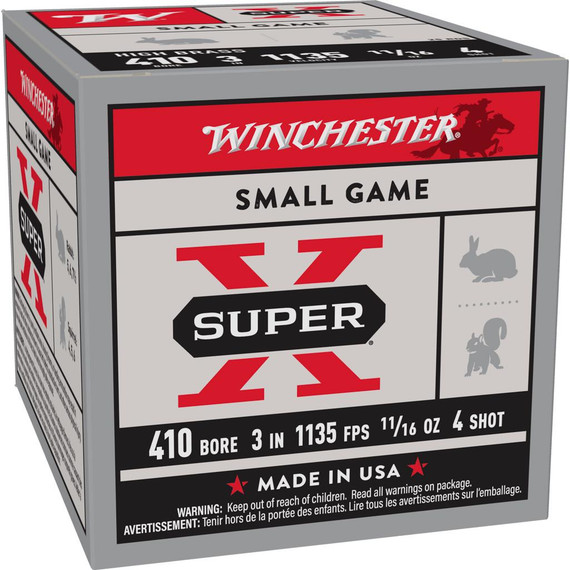 Winchester Super-X High-Brass Shotshells .410 ga 3" MAX 11/16 oz 1135 fps #4 25/ct WNX4134