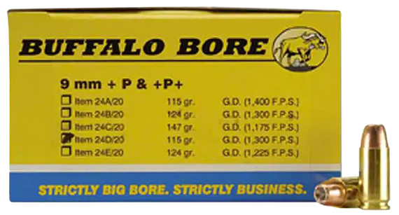 Buffalo Bore Ammunition 24D20 Personal Defense Strictly Business 9mmLuger +P 115gr Jacket Hollow Point 20 Per Box/12 Case 86239