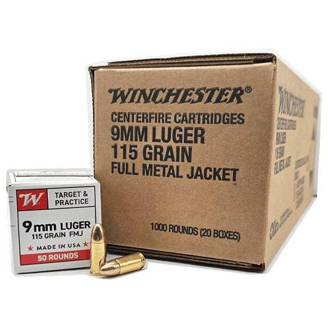 Winchester USA Target & Practice Handgun Ammunition 9mm Luger 115gr FMJ 1190 fps 1000/ct Case (20-50/ct Boxes) WNW9MM50C